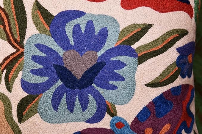 Butterfly Floral Decorative Pillow Cover Moth Botanical Flower Pillowcase Couch Hand Embroidered Flowery Outdoor Cushion Chair Suzani Accent Wool 18x18 Inch-Ruum Studio Home