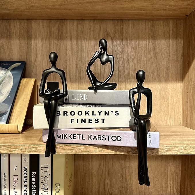 Home Decor Thinker Statue Accents, Set of 3 Thinker Sculptures Office Decor Modern Abstract Resin Decoration on Shelf Table Desk for Living Room Office Bedroom (Small Black)-Ruum Studio Home