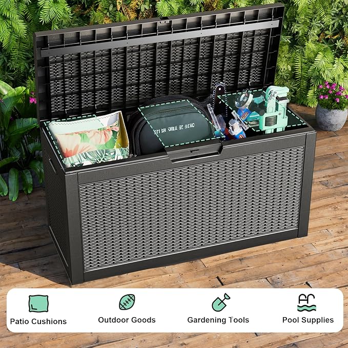 60 Gallon Resin Deck Box, Lockable Outdoor Storage Box for Patio Cushions Storage Furniture,Garden Tools, Pool Supplies, Weatherproof and UV Resistant（Black Rattan）-Ruum Studio Home