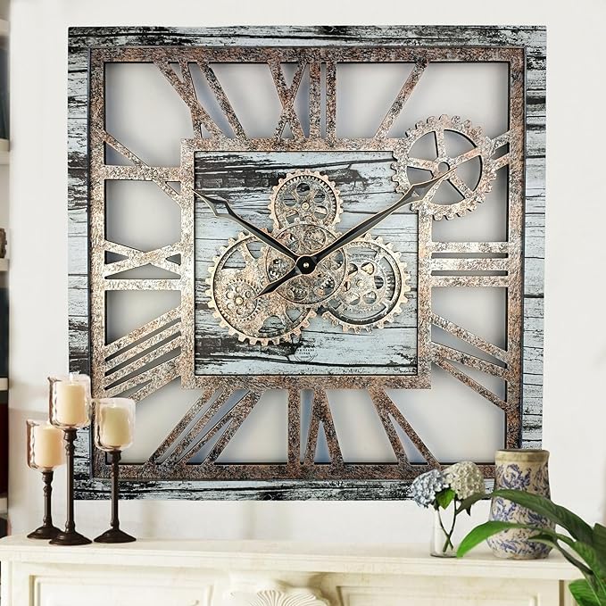 The Gears Clock 24'' Inch Square Real Moving Gear Wall Clock Vintage Industrial Oversized Rustic Farmhouse (Grey and White)-Ruum Studio Home