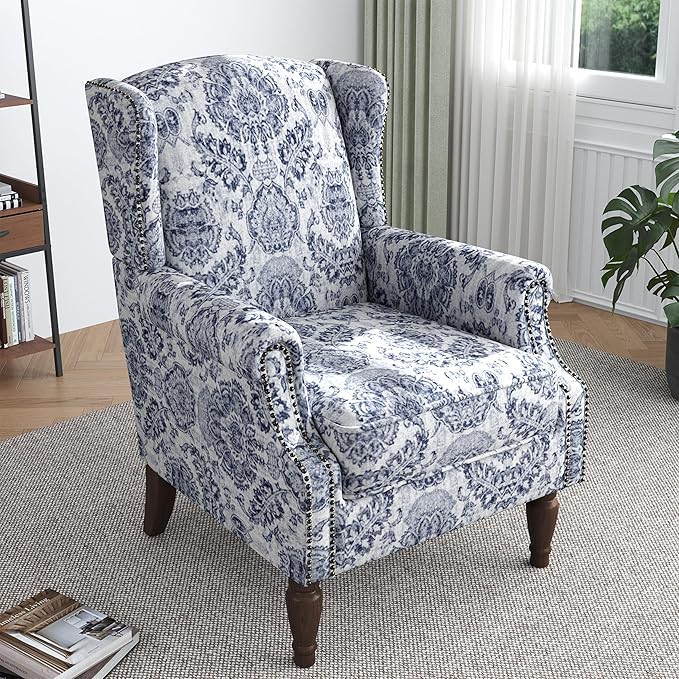 Lumibee Wingback Accent Chair,High Back Floral Armchairs in Fabric,Comfy Upholstered Reading Single Sofa Chair with Solid Wood Legs for Living Room,Bedroom,Office-Navy-Ruum Studio Home