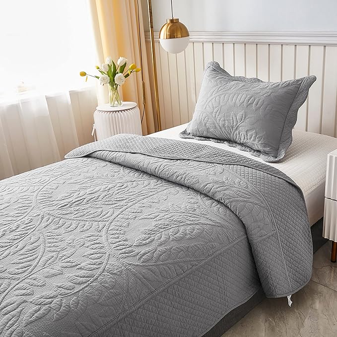 MarCielo 3-Piece 100% Cotton Oversized Bedspread Lightweight Quilt Coverlet Embroidery Farmhouse Bedding Set T0 (Light Grey, Twin (68"x86"))-Ruum Studio Home