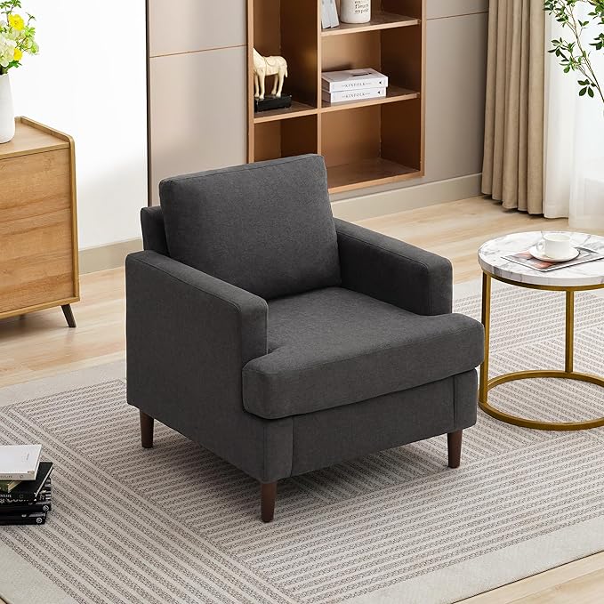 Mid-Century Accent Chair,Modern Linen Fabric Armchair for Living Room,Comfy Upholstered Reading Accent Chairs for Bedroom,Single Sofa Chair with Wood Legs (Dark Grey, 1 Pack)-Ruum Studio Home