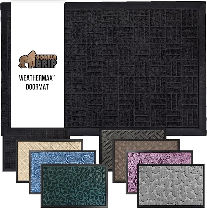 GORILLA GRIP 100% Waterproof All-Season WeatherMax Doormat 35x23, US Designed Natural Rubber, Stain and Fade Resistant, Low Profile Indoor Outdoor Door Mats, Easy Clean Patio Mat, Midnight Maze-Ruum Studio Home