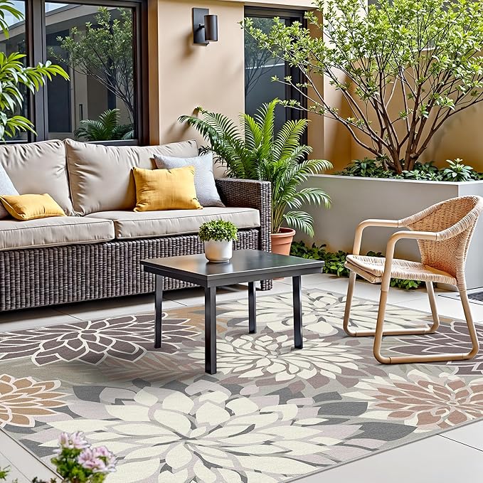 Indoor Outdoor Area Rug Washable Multicolored Patio Rug Tropical Botanical Modern Floral Indoor Outdoor Carpet Brown White Rug Non Slip Non Shedding for Patio, Deck, Backyard, Porch (8x10)-Ruum Studio Home