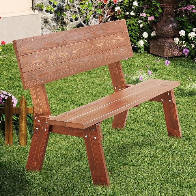AVAWING Outdoor Convertible Wood Bench with Backrest, Patio Wood Convert a Bench, Space-Saving 2-in-1 Picnic Table Chairs Set for Backyard, Porch, Patio, Garden, Brown-Ruum Studio Home