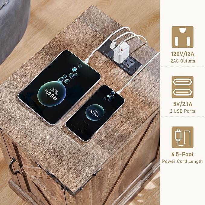 JXQTLINGMU Farmhouse Nightstand Set of 2 with Charging Station, 17"D Rectangular End Table with Barn Door & Adjustable Storage Shelf, Wood Rustic Sofa Side Table for Living Room, Bedroom, Light Brown-Ruum Studio Home