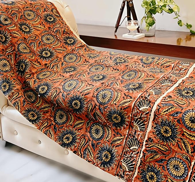 Handmade Cotton Throw Blanket | Floral Block Print in Orange & Navy | 48x70 Inches Fringed Bed Runner | Lightweight Boho Sofa Throw for Couch, Living Room & Bedroom Decor-Ruum Studio Home