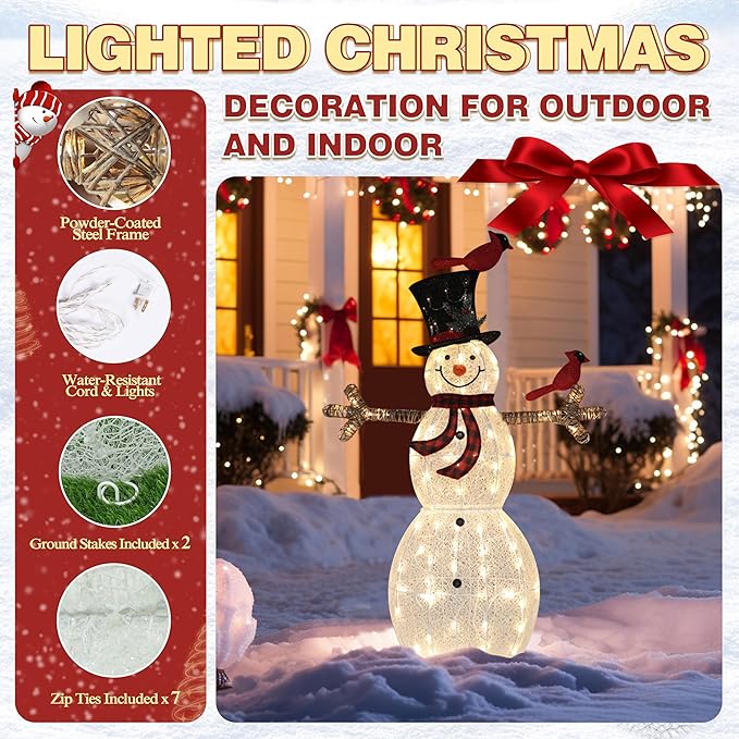 5FT Lighted Snowman with Birds for Christmas Decoration, 3D Pre-Lit Iridescent Snowman Xmas Decor with 90 LED Lights, Glittered Standing Holiday Display for Outdoor, Indoor-Ruum Studio Home