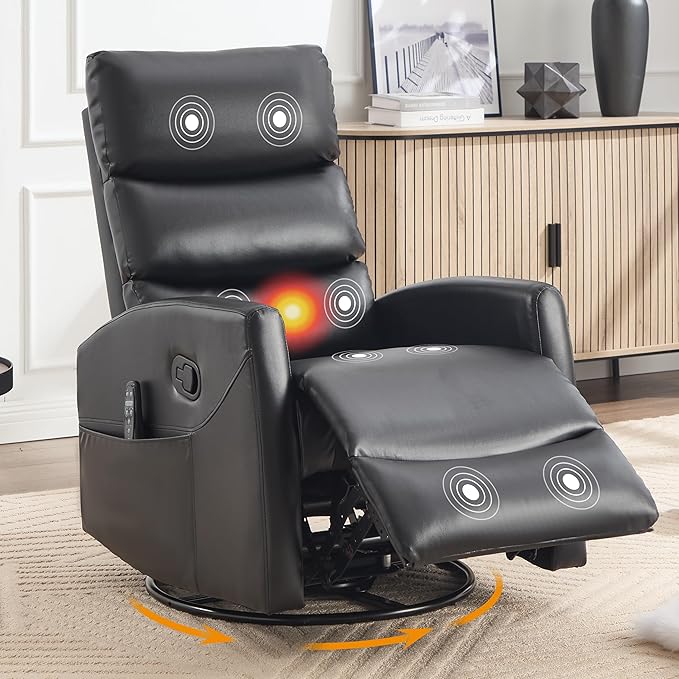 Manual Swivel Rocker Recliner Chair for Adults, Overstuffed Reclining Glider Chair for Nursing with Vibration Massage & Heat, Living Room Rocking Recliner 3-Stage backrest, Faux Leather Black-Ruum Studio Home