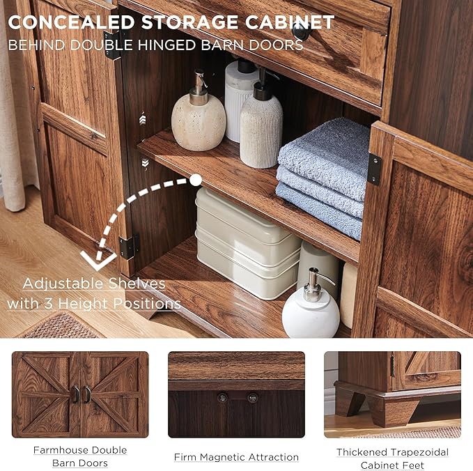 72" Tall Bathroom Storage Cabinet, Farmhouse Storage Cabinet with Adjustable Shelves, Barn Door & 2 Drawers, Cabinet for Bathroom, Living Room & Kitchen, Brown-Ruum Studio Home