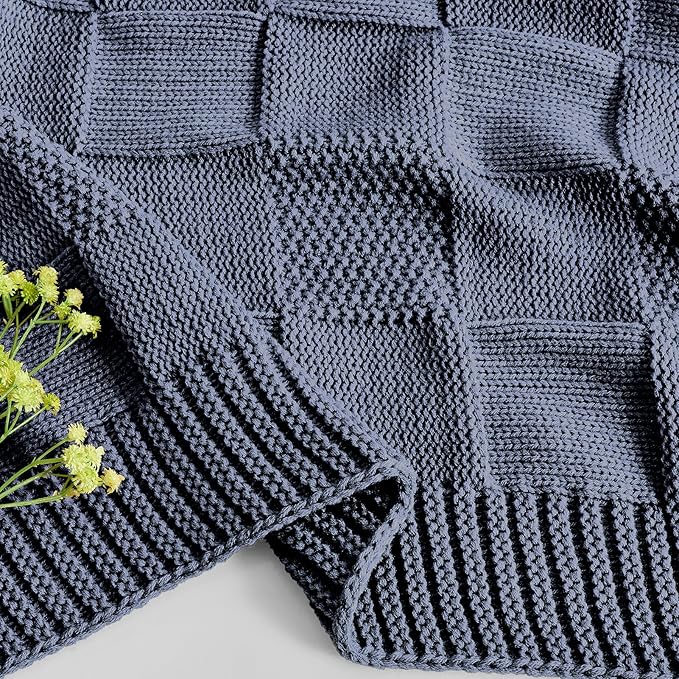 CozeCube Check Knit Throw Blanket, Steel Blue Checkered Throw for Couch, Decorative Christmas Soft Cozy Warm Knitted Blanket for Bed Sofa Living Room, 60"X80"-Ruum Studio Home