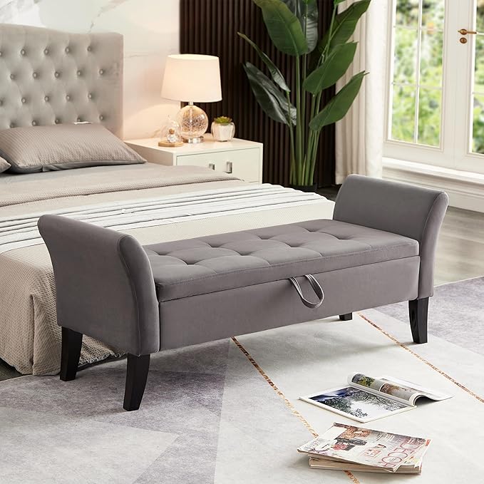 Furniliving 51” Bedroom Bench, End of Bed Bench with Button-Tufted Large Upholstered Storage Bench Ottoman Velvet Window Bench with Storage Shoe Cabinet Bench, for Bedroom, Entryway, Closet, Grey-Ruum Studio Home