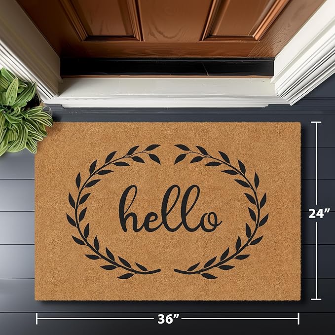 Barnyard Designs Natural Coco Coir Heavy Duty Backing Doormat - Large Cute Non-Slip Front Door Welcome Mat for Outside Entrance or Porch Entry, Brown (24x36, Hello)-Ruum Studio Home