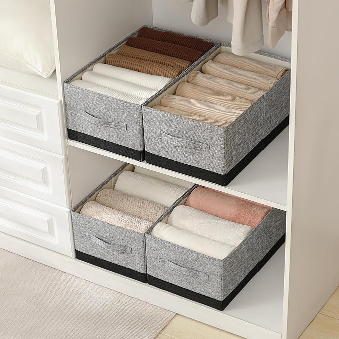 Linen Folding Storage Bins, 3 Pack Large Storage Baskets, Washable, Clothing Storage Bins with Handle, Closet Organizer for Storage Sweater,Sheets (gray black, 18½"x11"x8½")-Ruum Studio Home