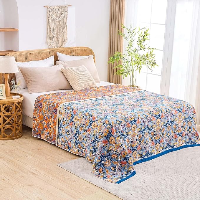 Boho Throw Blanket for Bed, 100% Cotton Soft Rustic Quilt Fall Blanket, 50"x60" Floral Printed Farmhouse Decor Bed Blankets, All Season Rustic Reversible Bohemian Throw Quilt-Ruum Studio Home