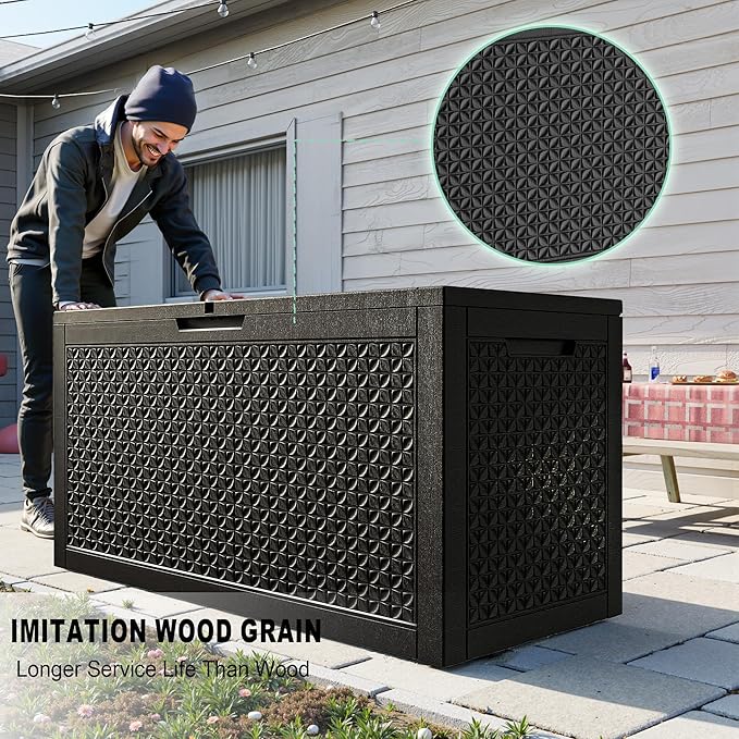 100 Gallon Resin Deck Box, Lockable Outdoor Storage Box for Patio Cushions Storage Furniture,Garden Tools, Pool Supplies, Weatherproof and UV Resistant（Black L）-Ruum Studio Home
