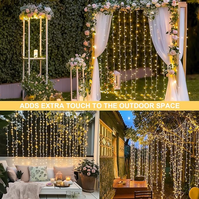 JMEXSUSS 300 LED Remote Control Curtain Lights, Plug in Fairy Curtain Lights Outdoor, Window Wall Hanging String Lights for Bedroom Backdrop Wedding Party Indoor Christmas Patio Dorm Decor, Warm White-Ruum Studio Home