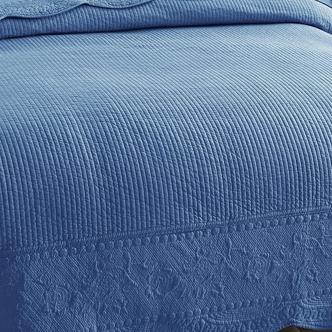 MarCielo 3-Piece 100% Cotton Oversized Bedspread Lightweight Quilt Coverlet Embroidery Farmhouse Bedding Set (TG Midtone Blue, Oversized Queen (100"x106"))-Ruum Studio Home