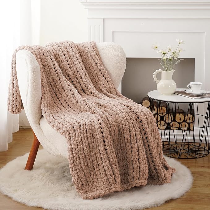 Battilo Chunky Knit Throw Blanket, Soft and Thick Chenille Throw Blanket, 50"x60" Handmade Cable Knit Crochet Blanket, Large Rope Knot Throw Blankets for Couch Sofa Bed Home Decor, Pink-Ruum Studio Home