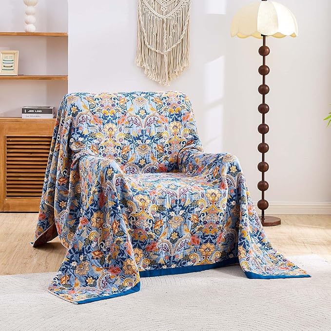 Boho Throw Blanket for Bed, 100% Cotton Soft Rustic Quilt Fall Blanket, 50"x60" Floral Printed Farmhouse Decor Bed Blankets, All Season Rustic Reversible Bohemian Throw Quilt-Ruum Studio Home
