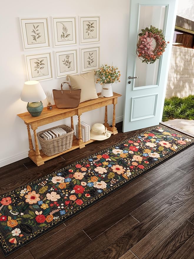 Runners for Hallways Kitchen Rug Non Slip 2'x 10' Long Washable Runner Rugs with Rubber Backing Soft Floral Carpet Runner for Hallways, Kitchen, Laundry, Bedroom, Bathroom(Black)-Ruum Studio Home