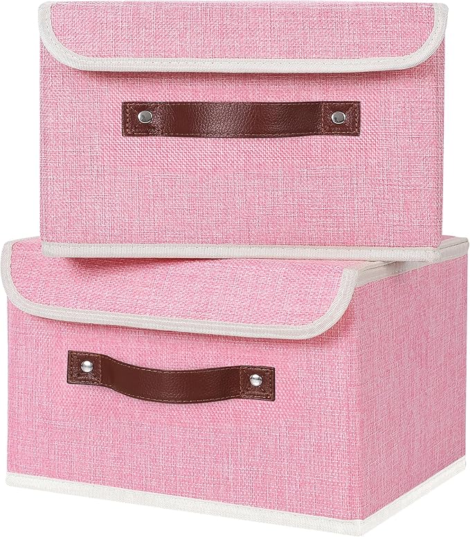 ANMINY 4PCS Storage Bins with Lid PU Leather Handles Storage Boxes PP Plastic Board Decorative Foldable Lidded Cotton Linen Fabric Home Cubes Baskets Closet Organizer Containers - Pink, Small Size-Ruum Studio Home