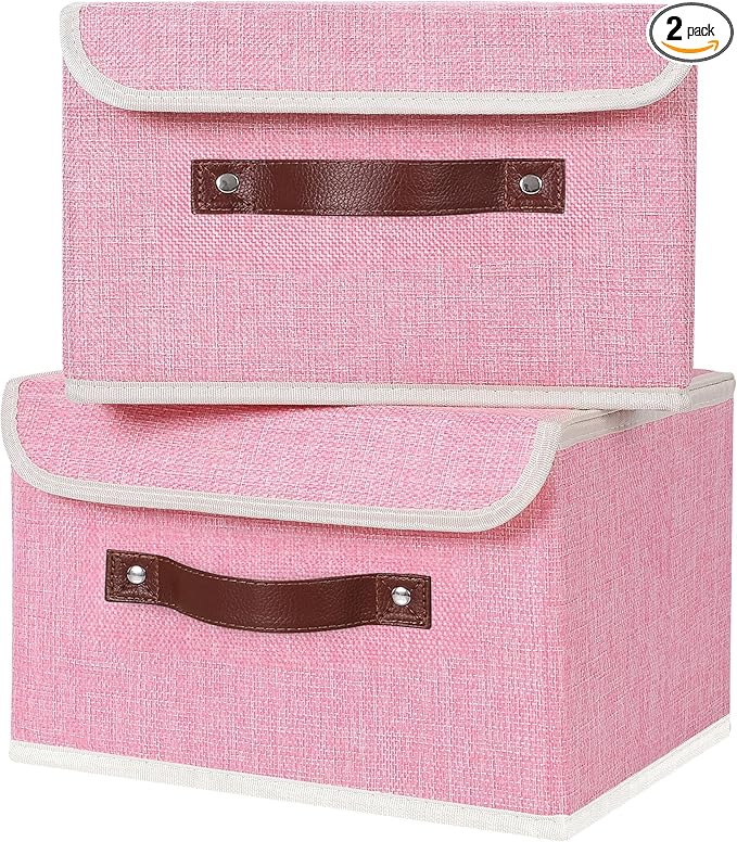 ANMINY 2PCS Storage Bins with Lid PU Leather Handles Storage Boxes PP Plastic Board Decorative Foldable Lidded Cotton Linen Fabric Home Cubes Baskets Closet Organizer Containers - Pink, Small Size-Ruum Studio Home