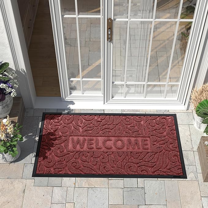 Yimobra Welcome Front Door Mat Outdoor, Heavy Duty Sturdy Non Slip Doormats, Rubber Backing, Low-Profile Entrance Rugs, Absorbent Resist Dirt, Easy Clean Patio Garage Floor Mats, 47X24 Inch, Wine Red-Ruum Studio Home