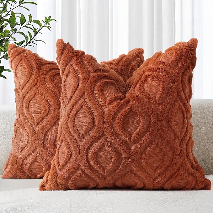 decorUhome Fall Throw Pillow Covers 18x18 Inch Set of 2, Soft Plush Decorative Faux Fur Rust Solid Couch Pillow Covers, Accent Farmhouse Neutral Square Euro Pillow Cases for Sofa Bed Living Room-Ruum Studio Home