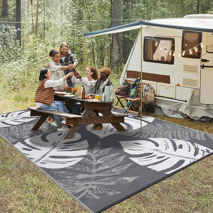 GAOMON Outdoor Rug Waterproof 9x12 Outdoor Plastic Straw Rug for Patio, Reversible Modern Camping Mat with Bag & Stakes, UV Resistant & Easy to Clean Carpet for RV, Deck, Balcony, Grey-Ruum Studio Home