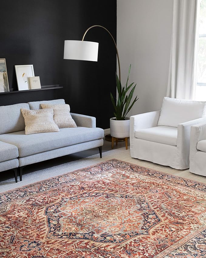 Loloi Layla Collection LAY-08 Red/Navy 5'-0" x 7'-6" .13" Thick Area Rug, Soft, Durable, Vintage Inspired, Distressed, Low Pile, Non-Shedding, Easy Clean, Printed, Living Room Rug-Ruum Studio Home