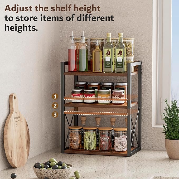 3-Tier Kitchen Spice Rack Organizer for Countertop, Coffee Counter Shelf, Mug Shelf, Bathroom Counter Organizer, Makeup Organizer, Rustic Brown and Black-Ruum Studio Home