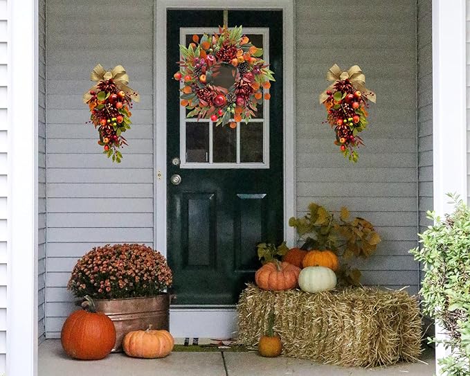 22 Inch Fall Chrysanthemum Wreath Harvest Floral Wreath with Apples Pinecones Berries and Eucalyptus Maple Leaves for Fall Thanksgiving Halloween Mantel Table Outdoor Front Door Wall Window-Ruum Studio Home