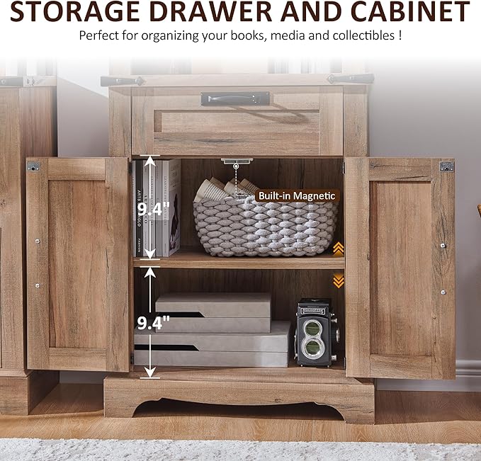 OKD 72'' Tall Bookshelf with Storage, Farmhouse 4 Tier Bookcase with Barn Door, Adjustable Shelves and Drawers, Rustic Wooden Office Bookshelves for Home Bedroom, Living Room, Library (Natural Oak)-Ruum Studio Home