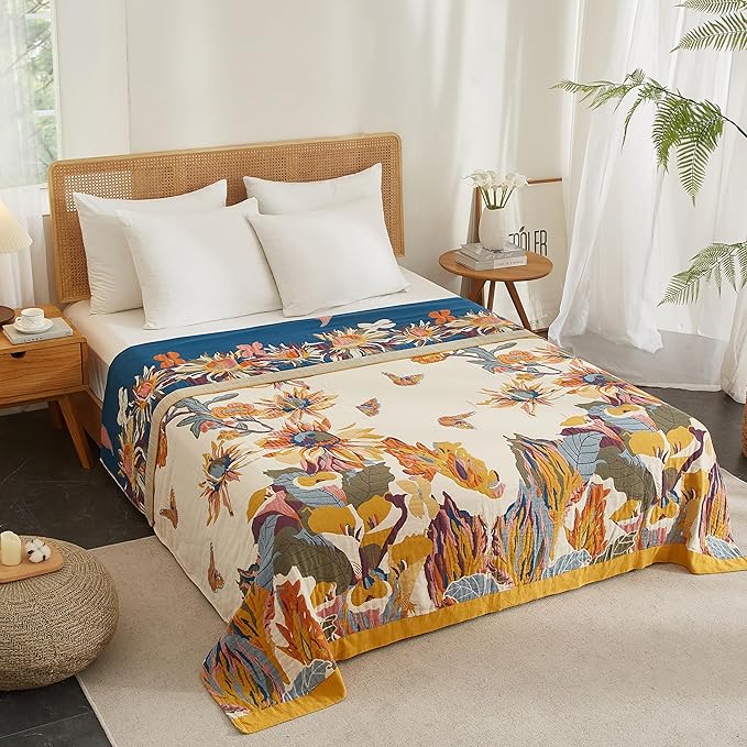 Boho Throw Blanket for Bed 60”x80”, 100% Cotton Woven Blanket for Couch Sofa, Ultra Soft 4-Layer Muslin Quilt with Floral Printed, Farmhouse Bed Blanket/Cover for Living Room Decor-Ruum Studio Home