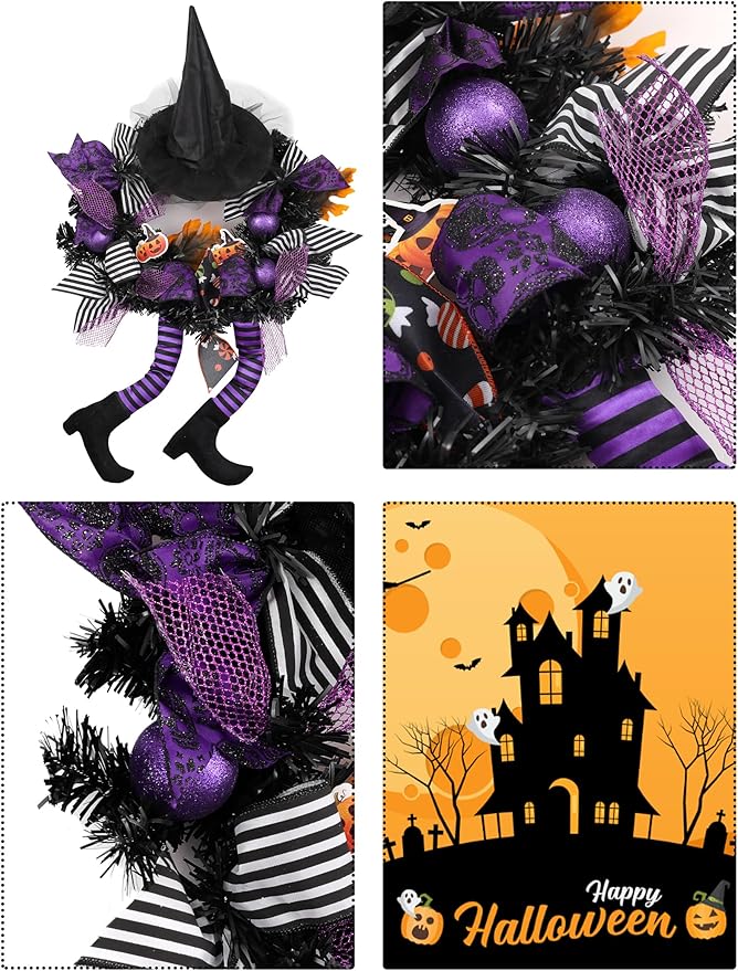 Happy Halloween Wreath for Front Door Decoration with Skeleton Artificial Bone Orange Ornaments Maple Leaf for Party Decor (Halloween Purple)-Ruum Studio Home
