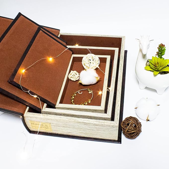 Decorative Book Box Set of 3,Vintage Style Book Shaped Storage Box,Leather Decorative Wooden Trinket Jewelry Books Boxes with Antique Embossed Pattern,Mother's Day/Graduation /Birthday Gift Idea-Ruum Studio Home