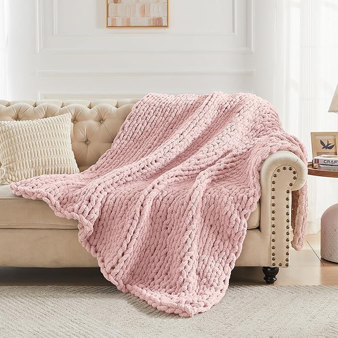 Carriediosa Chunky Knit Throw Blanket 60" X 80" Twin, 100% Hand Made Large Chenille Loop Yarn Soft Fluffy Throws for Couch Sofa Bed, Big Crochet Cozy Heavy Thick Cable Woven Blankets, Dusty Pink-Ruum Studio Home