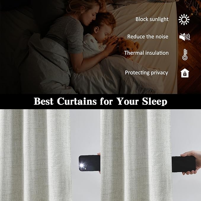 RAIN CITY Natural Blackout Curtains 96 Inch Long 2 Panels Set,Back Tab/Rod Pocket/Pleated Look with Hooks,Linen Blend Textured Rustic Farmhouse Heat Insulated Summer Drapes for Living Room 50W x 96L-Ruum Studio Home