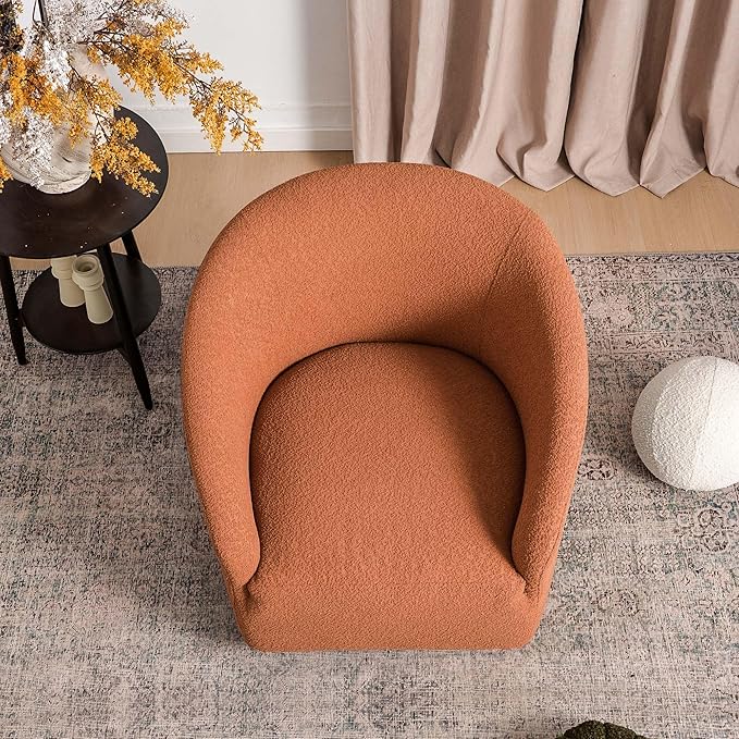KINWELL 32" Wide Swivel Boucle Accent Chair Armchair, No Assembly Mid-Century Modern Round Upholstered Barrel Chair for Living Room, Bedroom, Office (Caramel)-Ruum Studio Home