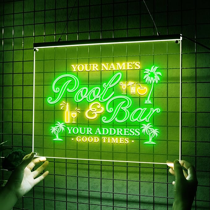 Personalized Pool & Bar Neon Sign, Custom LED Light with Name and Address, Outdoor Patio Decor, Tiki Bar or Backyard Pool Gift for Party Lovers-Ruum Studio Home