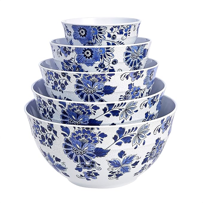 Amazon Basics Nesting Melamine Mixing Round Bowl with Lid and Non-Slip Base, 5 Sizes, Blue and White Floral, Set of 10, 4 quarts, 3 15/16",7 9/16",8 7/8",10",11 1/4"-Ruum Studio Home