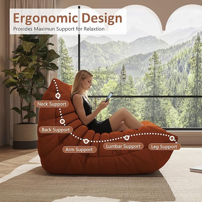 Bean Bag Chairs for Adults Giant Bean Bag Chair， 2 Seater with Memory Foam Filled Fireside Chair, Lazy Sofa Lounge Floor Sofa for Living Room, Bedroom, Office, No Assembly Required. (Orange)-Ruum Studio Home