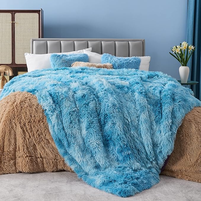 GONAAP Fuzzy Faux Fur Throw Blanket Queen Size Tie-dye Ocean Blue Super Soft Cozy Plush Fuzzy Shaggy Blanket for Couch Sofa Bed (Tie-dye Ocean Blue, Queen(90"x90"))-Ruum Studio Home