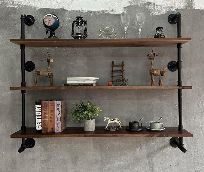 Industrial Pipe Wall Shelves Pipe Shelving with Real Wood Plank ,48 Inches Floating Shelves for Wall Farmhouse Pipe Book Shelves Dark Brown 3 Tier for Kitchen,Living Room Decor and Bar Shelving-Ruum Studio Home