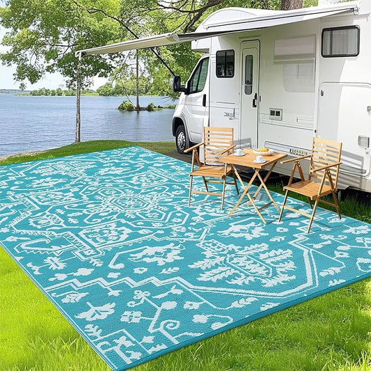 Waterproof Outdoor Rug 9x18 Reversible Plastic Straw Patio Rug, Stain-Resistant Vintage Medallion Carpet, Large Indoor Outdoor RV Mat for Deck, Camping, Balcony, Light Blue/White-Ruum Studio Home