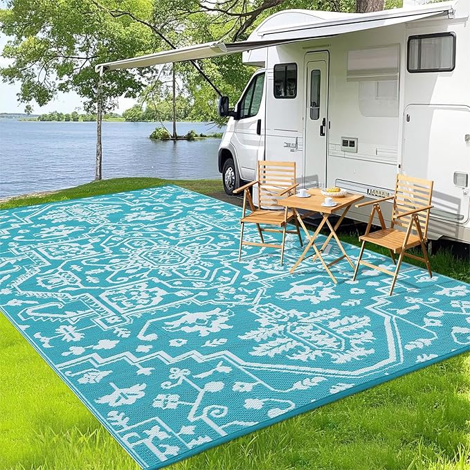 Outdoor Rug 8x10 Waterproof Reversible Plastic Straw Mat, UV-Resistant Vintage Medallion Camping Carpet for Patio, Deck, Balcony, Picnic, Large Outside Floor Mat, Light Blue/White-Ruum Studio Home