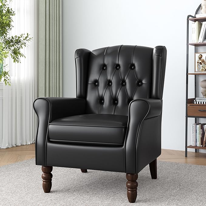 High Back Accent Chair,Upholstered Faux Leather Wingback Armchair with Solid Wood Legs for Small Spaces,Comfy Single Sofa Chair for Living Room,Bedroom,Office-Black-Ruum Studio Home