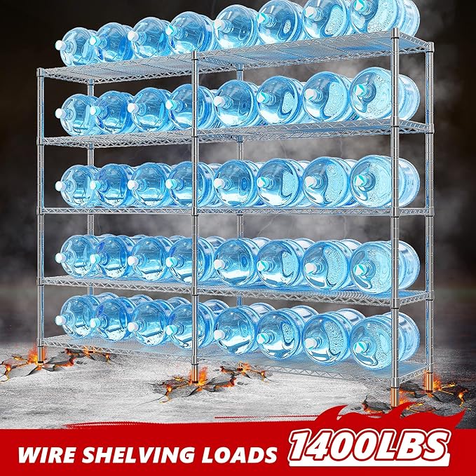 REIBII 58" W 5 Tier Heavy Duty Wire Shelving Unit with Adjustable Shelves - 1400LB Metal, Chrome - 58" W x 59" H x 13.8" D - Garage, Pantry, Kitchen-Ruum Studio Home